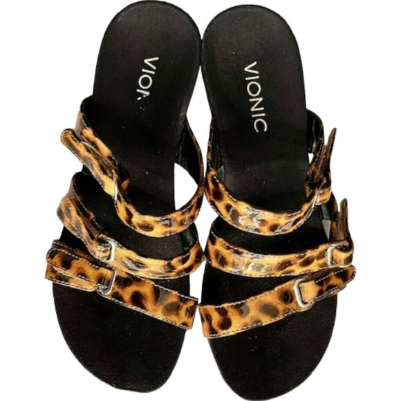 Vionic Vegan Leopard Park Wedge Triple Strap Sandal - 7 WIDE - Picture 3 of 11